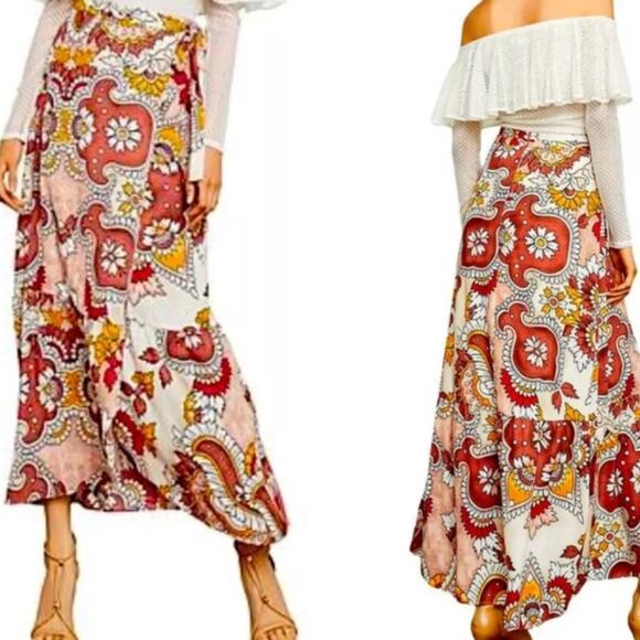 BCBG MaxAzria Wrap Midi Skirt Dusty Rio Red Paisley Size Medium - Picture 1 of 10